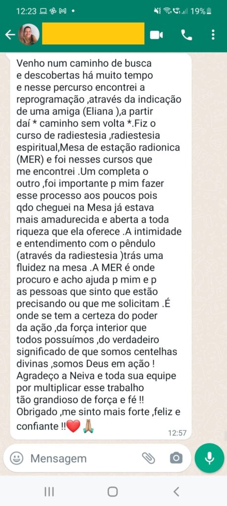 Dopoimento de aluno do curso de radiestesia